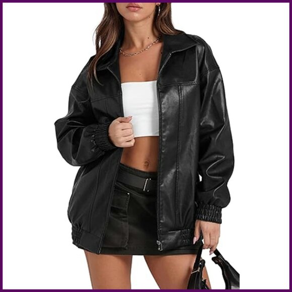 Oversized Faux Leather Jacket Lapel Collar Zip Up Long Sleeve PU Coat